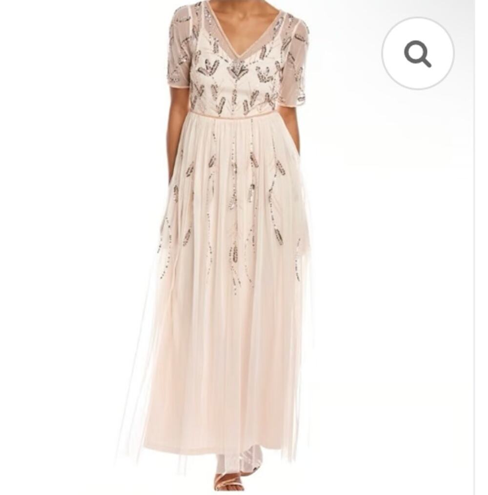 NWT Adrianna Papell Beaded Illusion Bateau Neck Blush Chiffon A-Line Gown 6